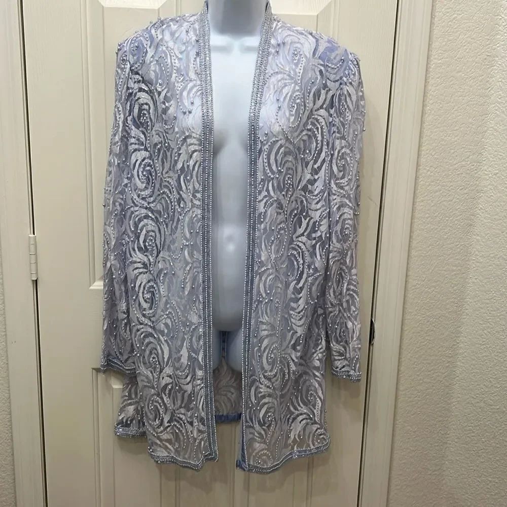 Formal Open Front Jacket Baby Blue White Sheer Pearls Beads Long Sleeve Delicate